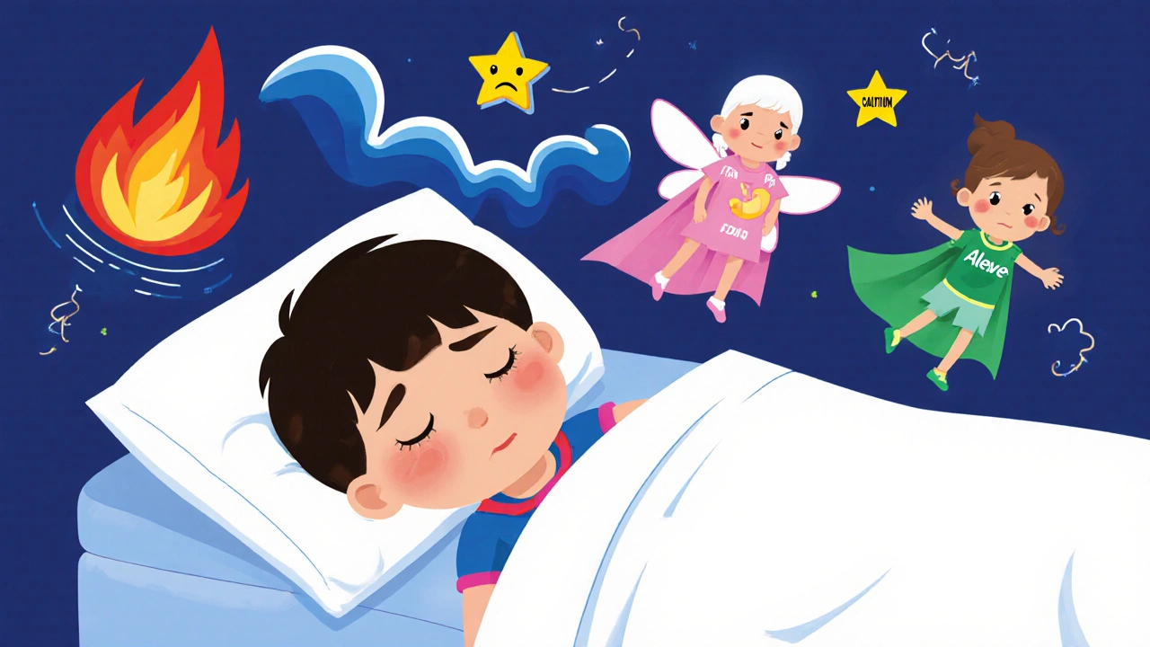 A child with fever is helped by three pill fairies, each wearing a colored cape, while symbols of heat, inflammation, and relief glow around them.
