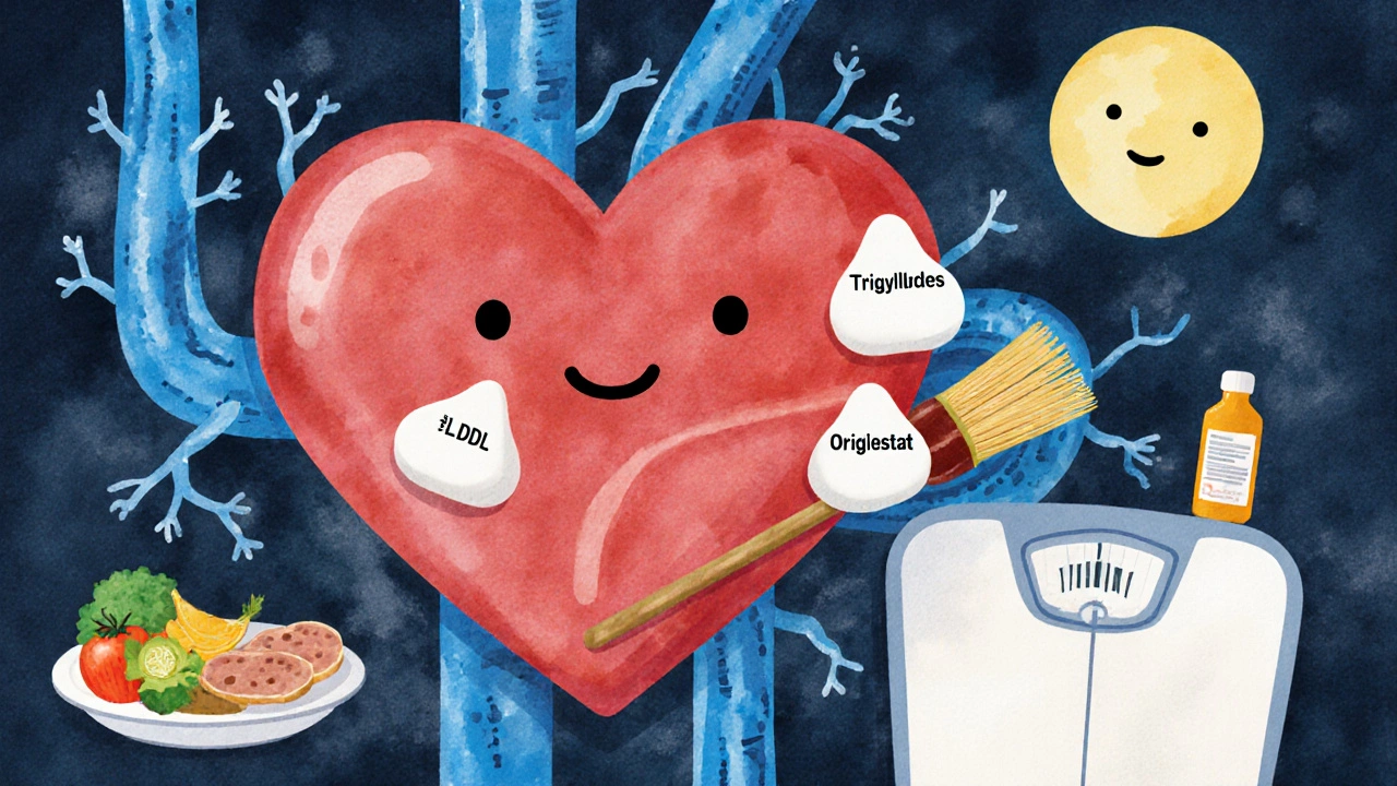 A happy heart watches bad fats being swept away by Orlistat, with healthy food and a multivitamin nearby.