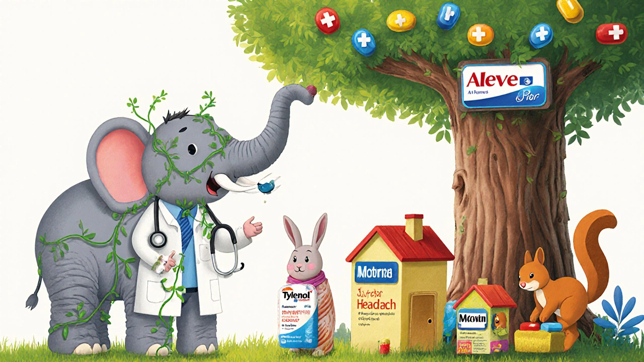 Animated animals choose different pain relievers, each pill shown as a tiny house with its name on the roof, under a pharmacy-shaped tree.