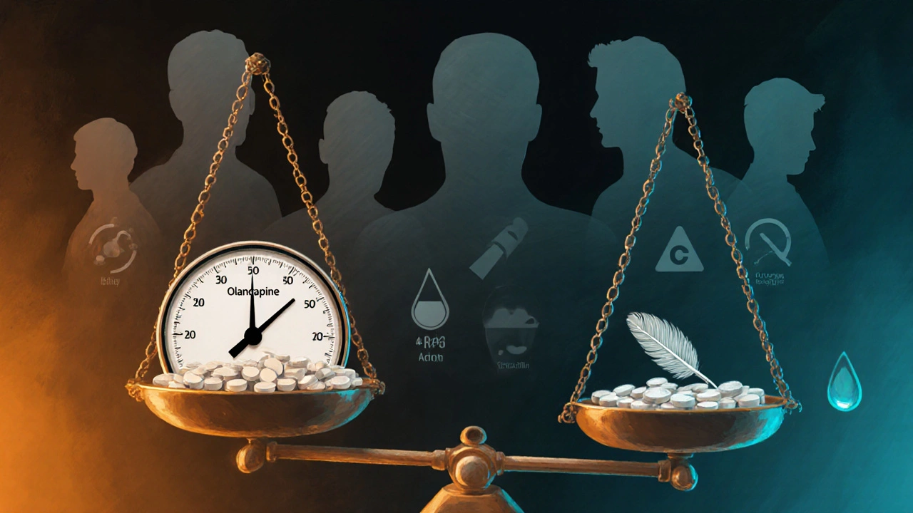 Balance scale comparing Olanzapine weight gain to low‑risk alternatives with subtle drug icons.
