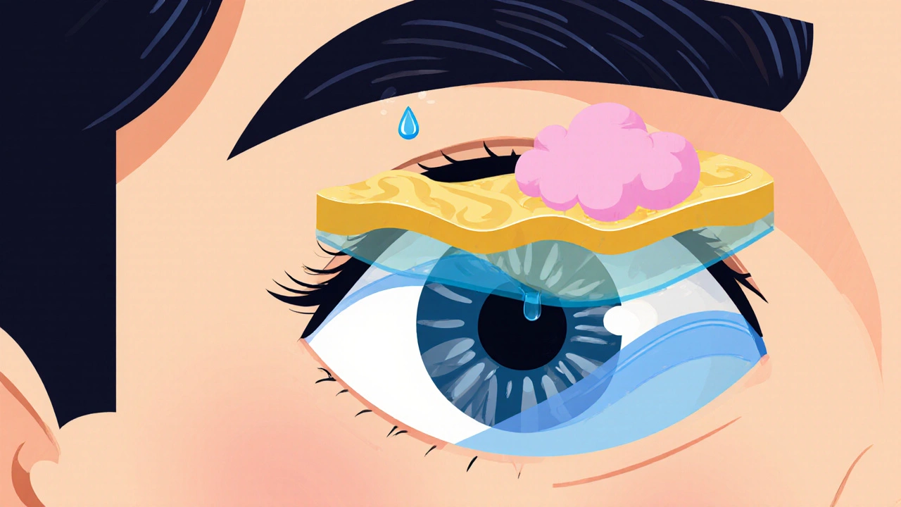 Cartoon eye shows disrupted tear film layers with a missing mucin cloud.
