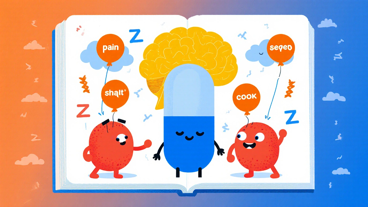 Cartoon pill blocks red COX enzymes, reducing orange pain balloons, brain shows sleep clouds.