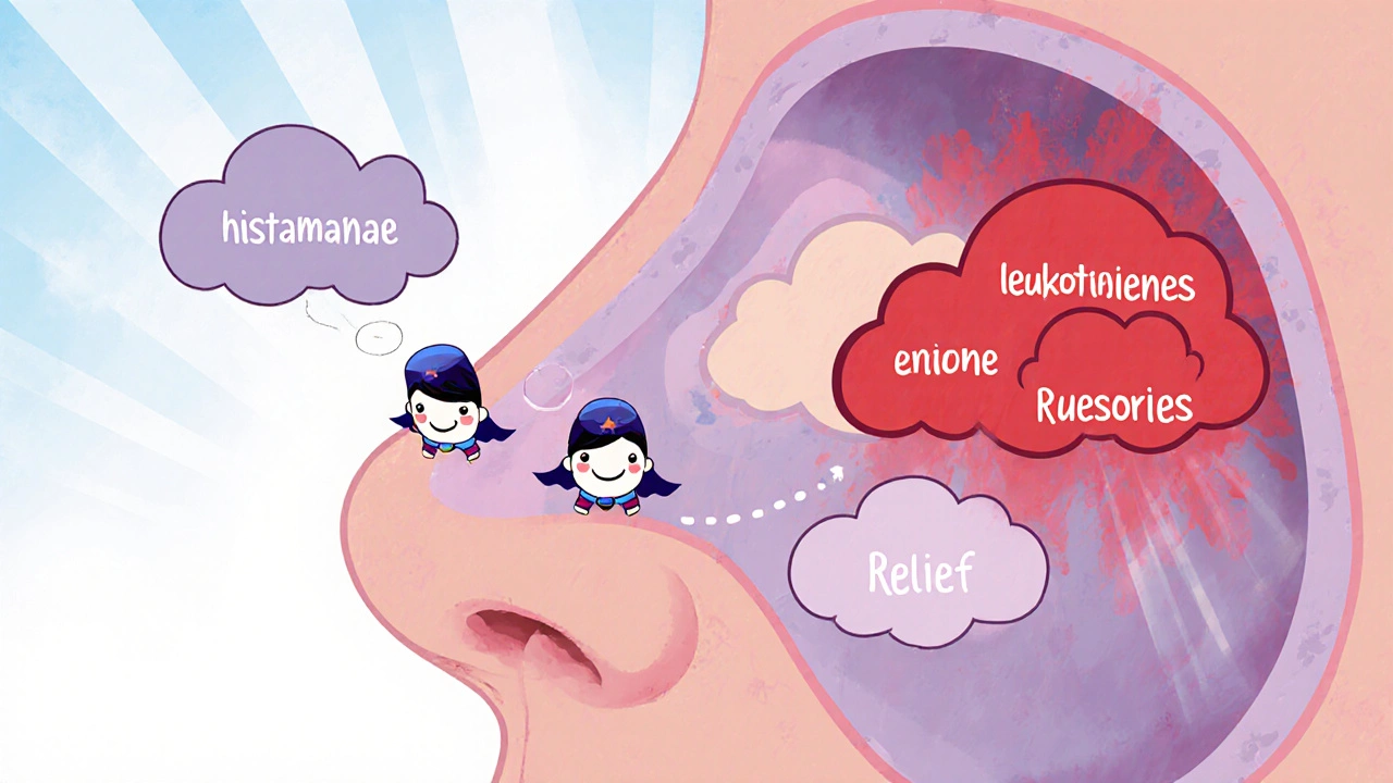 Cartoon view inside a nose showing budesonide heroes calming red inflammation clouds.