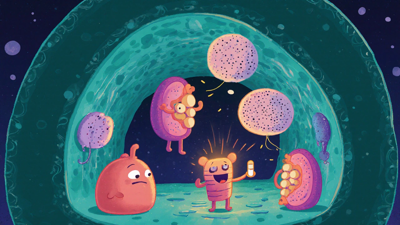 Cartoon view of kidney tubule cells with swollen lysosomes and mitochondria.