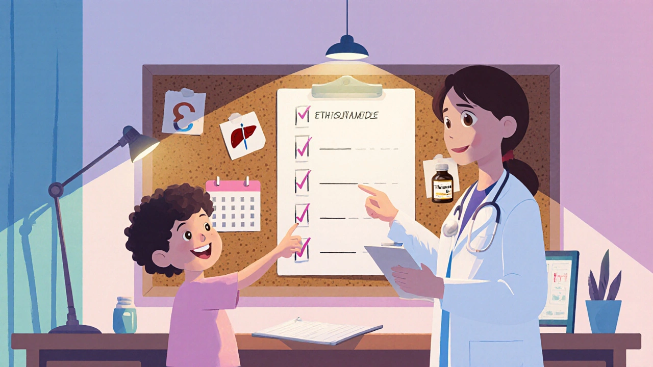 Child and doctor checking a health monitoring checklist with icons.