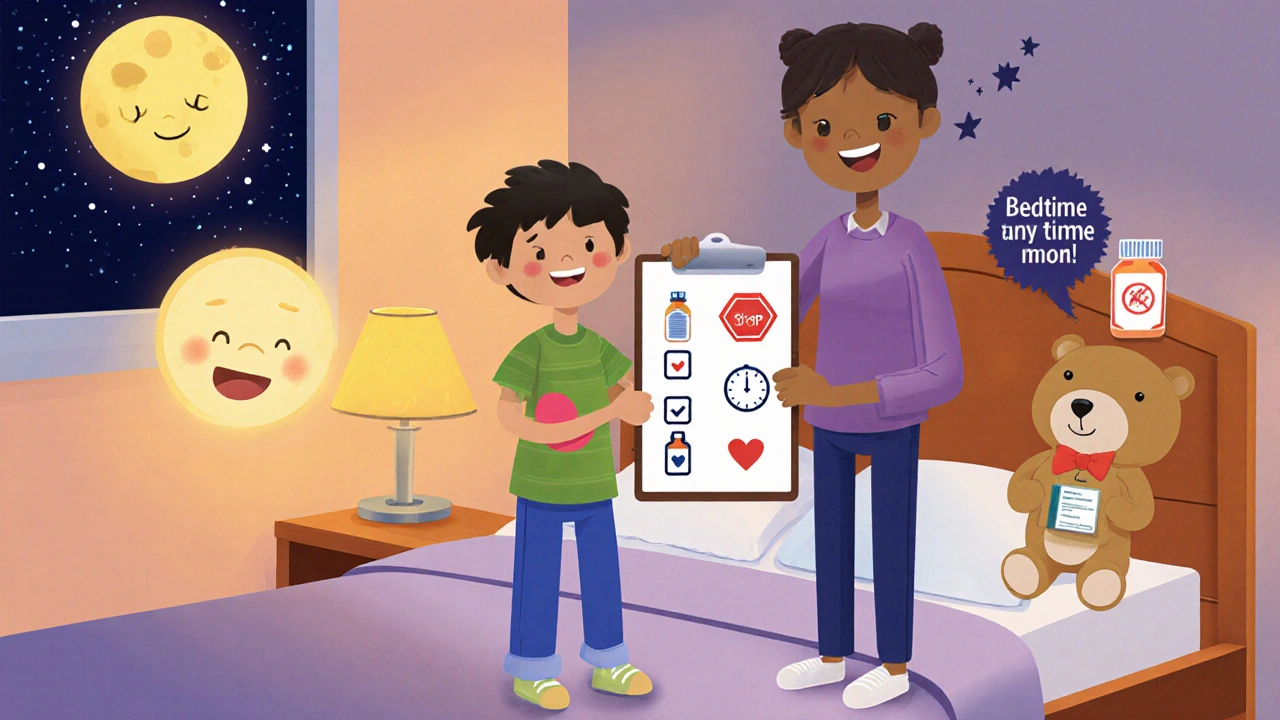 Child and parent review bedtime checklist with pill bottle, clock, moon and teddy bear.