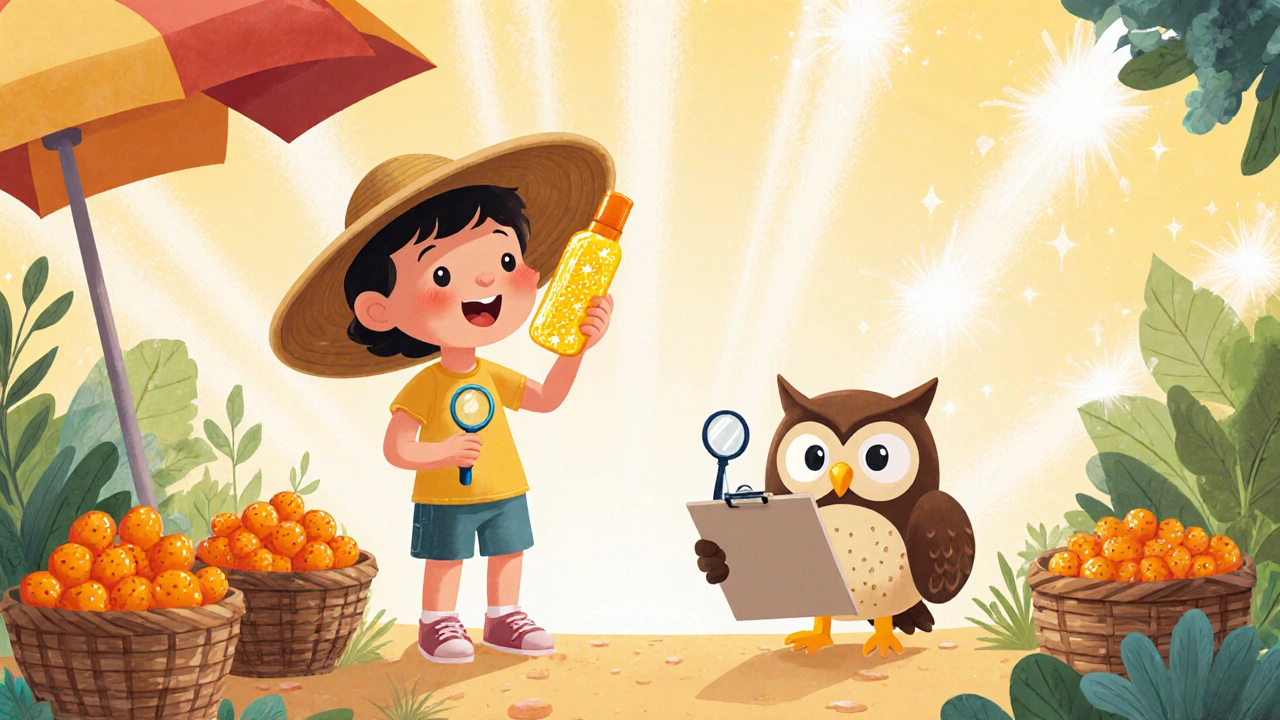 Child applying sunscreen with dermatologist owl, vitamin C berries, and gentle laser sparks.