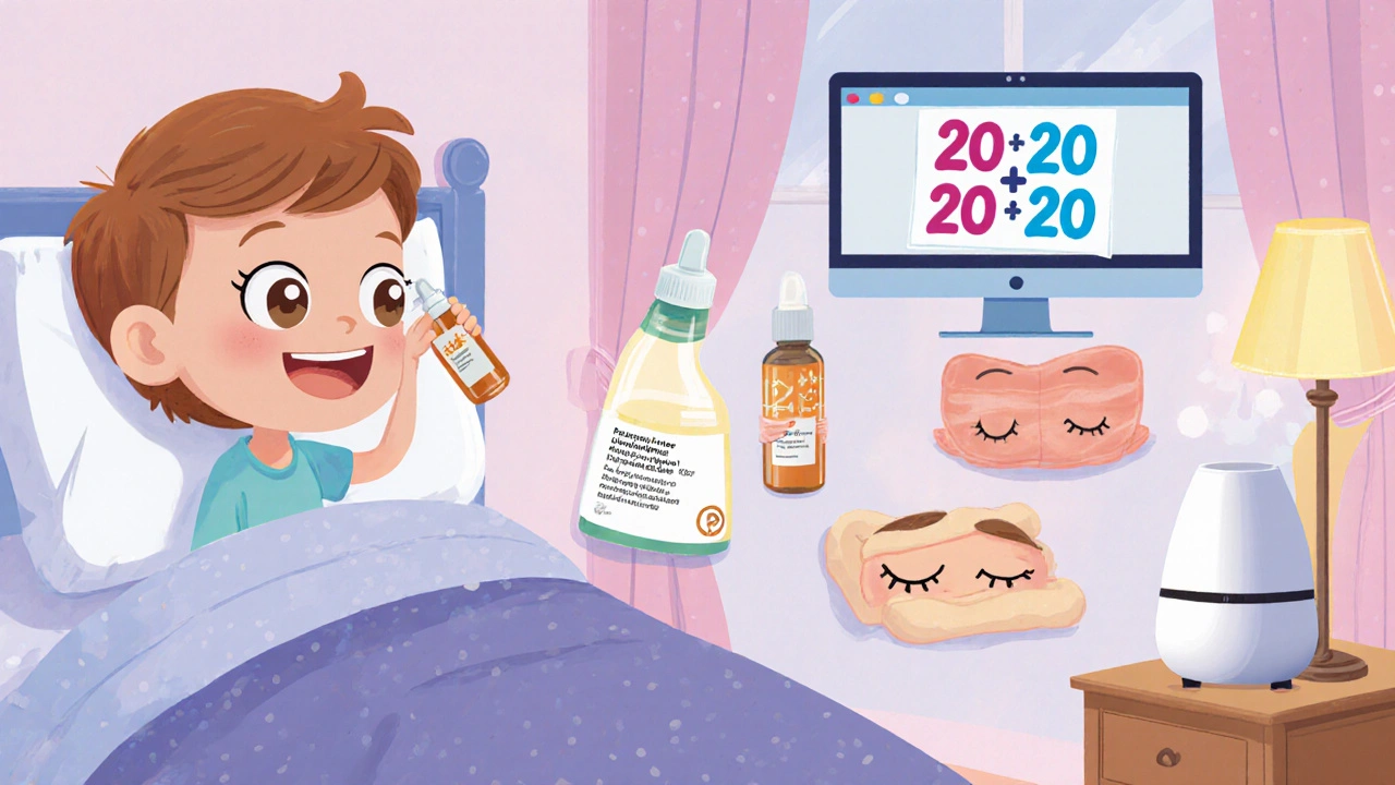 Child follows eye‑care routine—drops, warm compress, screen break—and smiles.