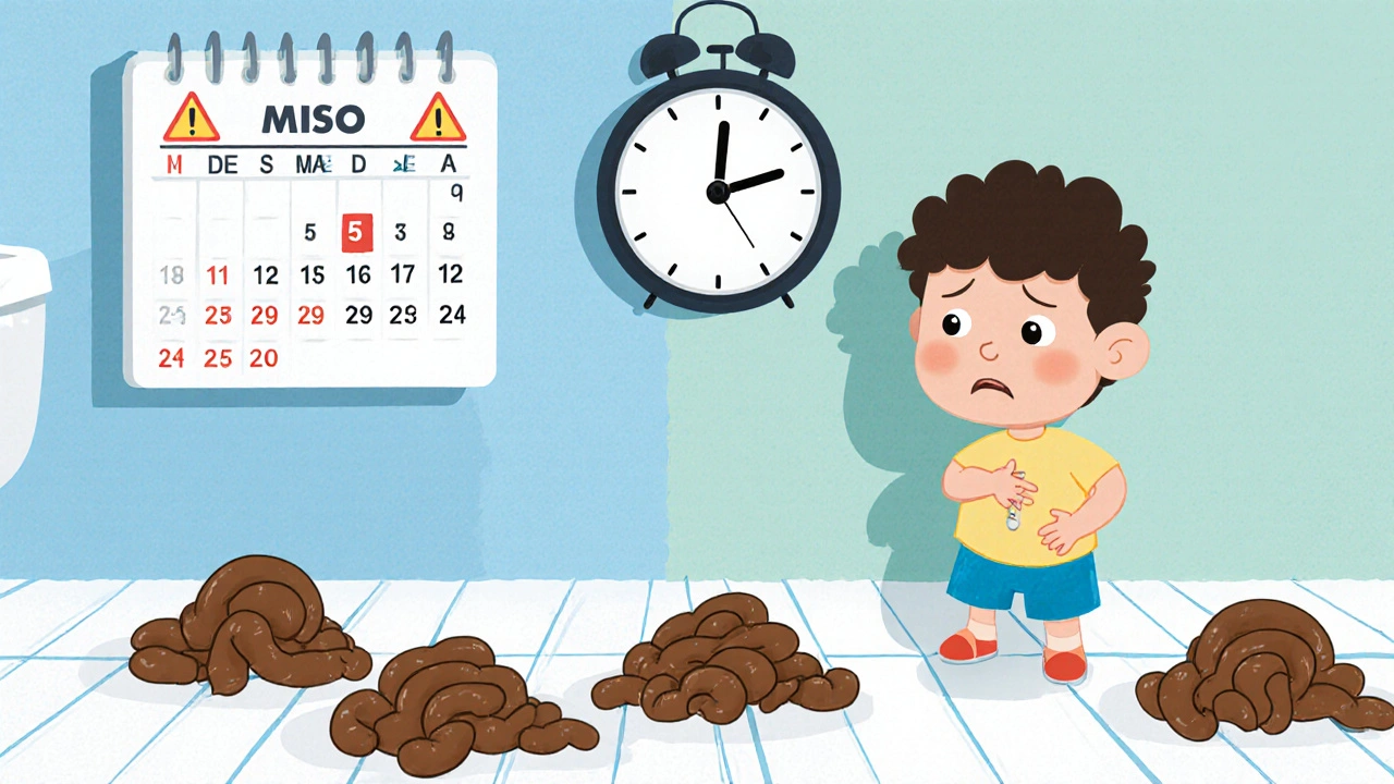 Child sees three stools, fever thermometer, and calendar days after clindamycin.
