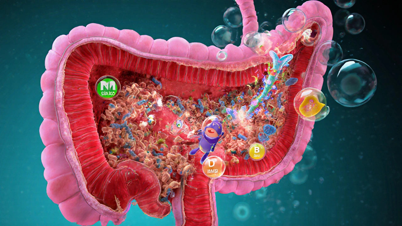 Cross‑section of intestine with damaged villi, bacteria, and dimmed vitamin symbols.