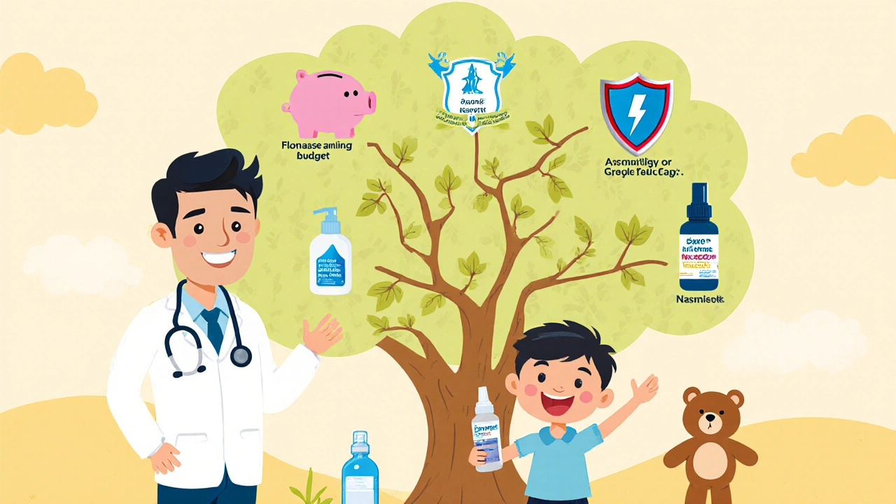 Doctor and child looking at a decision tree with icons for different nasal sprays.