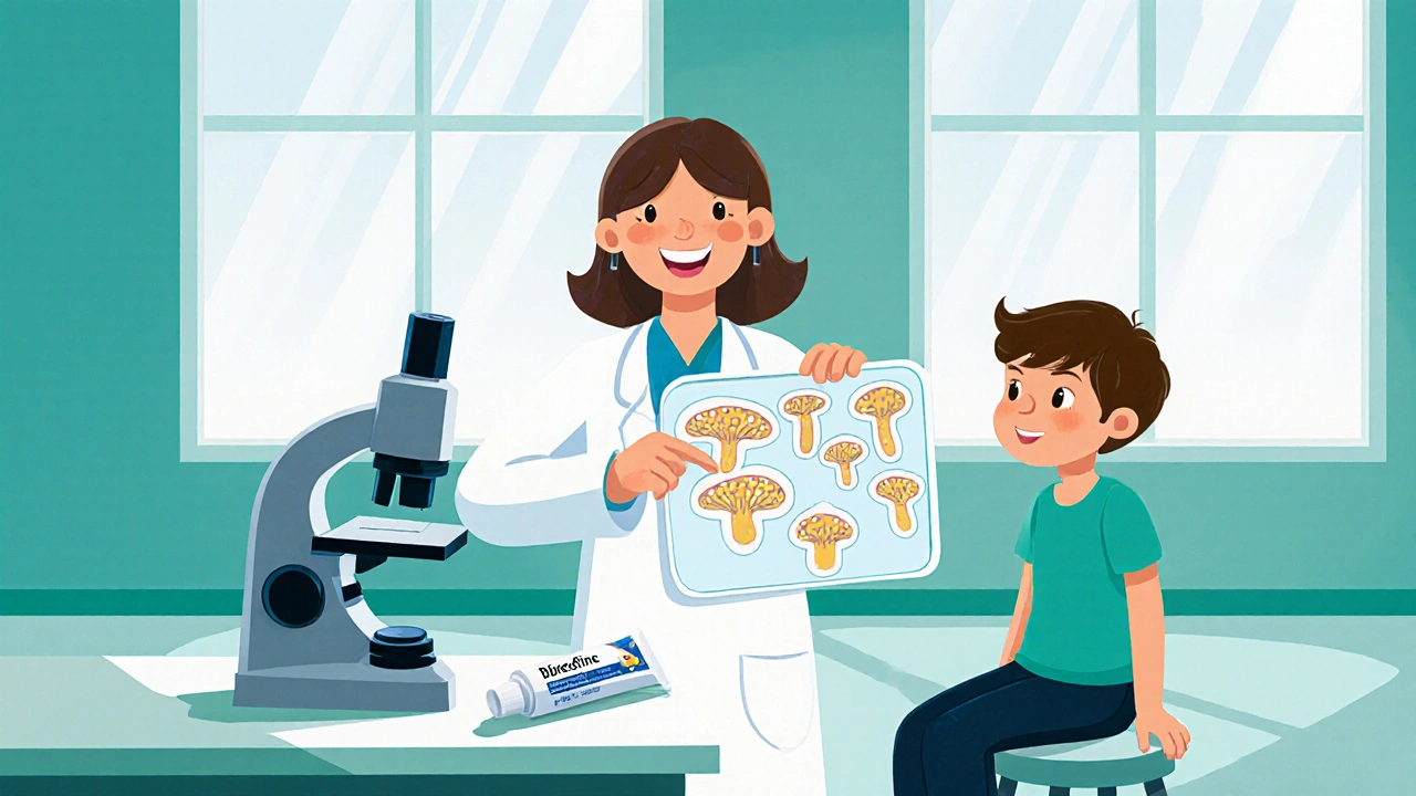 Doctor showing a child fungal cells under a microscope and a tube of butenafine cream.