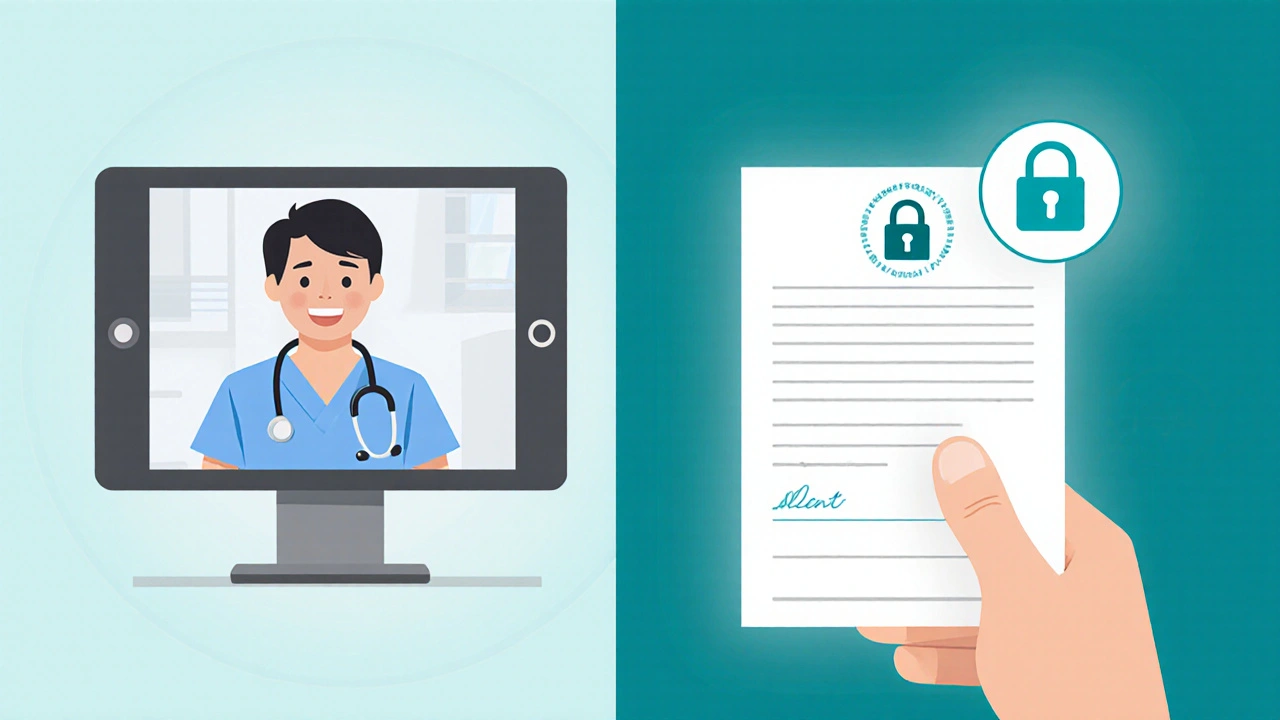 Doctor video call beside hand holding prescription and security lock icon.