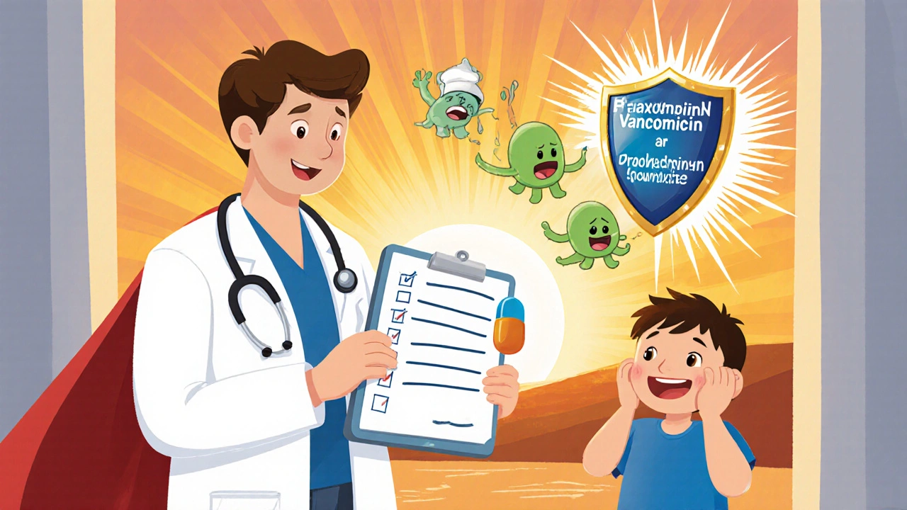 Doctor with checklist and probiotic helps child as C. diff germs are chased away.