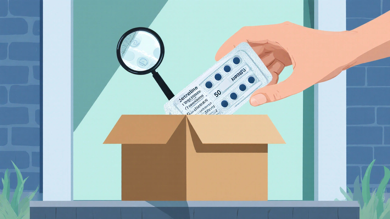 Hand inspecting delivered generic sertraline tablets from a sealed package.