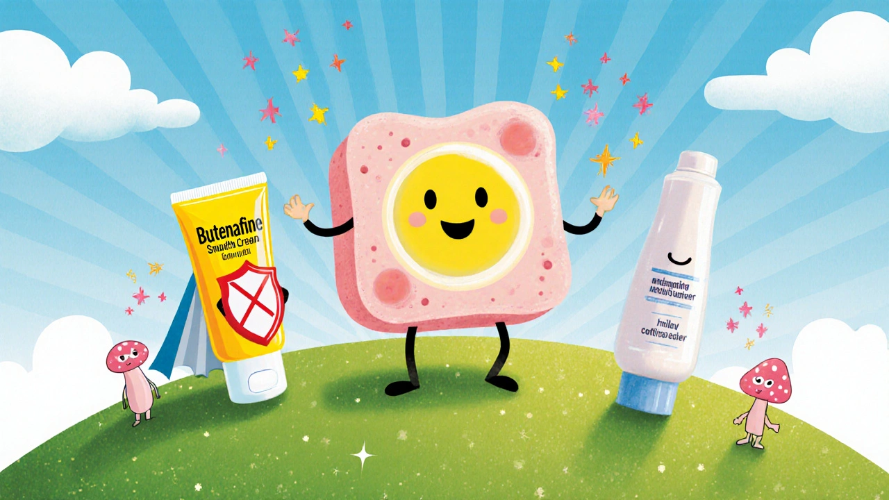 Happy skin character with butenafine, moisturizer, and steroid allies defending against fungi.