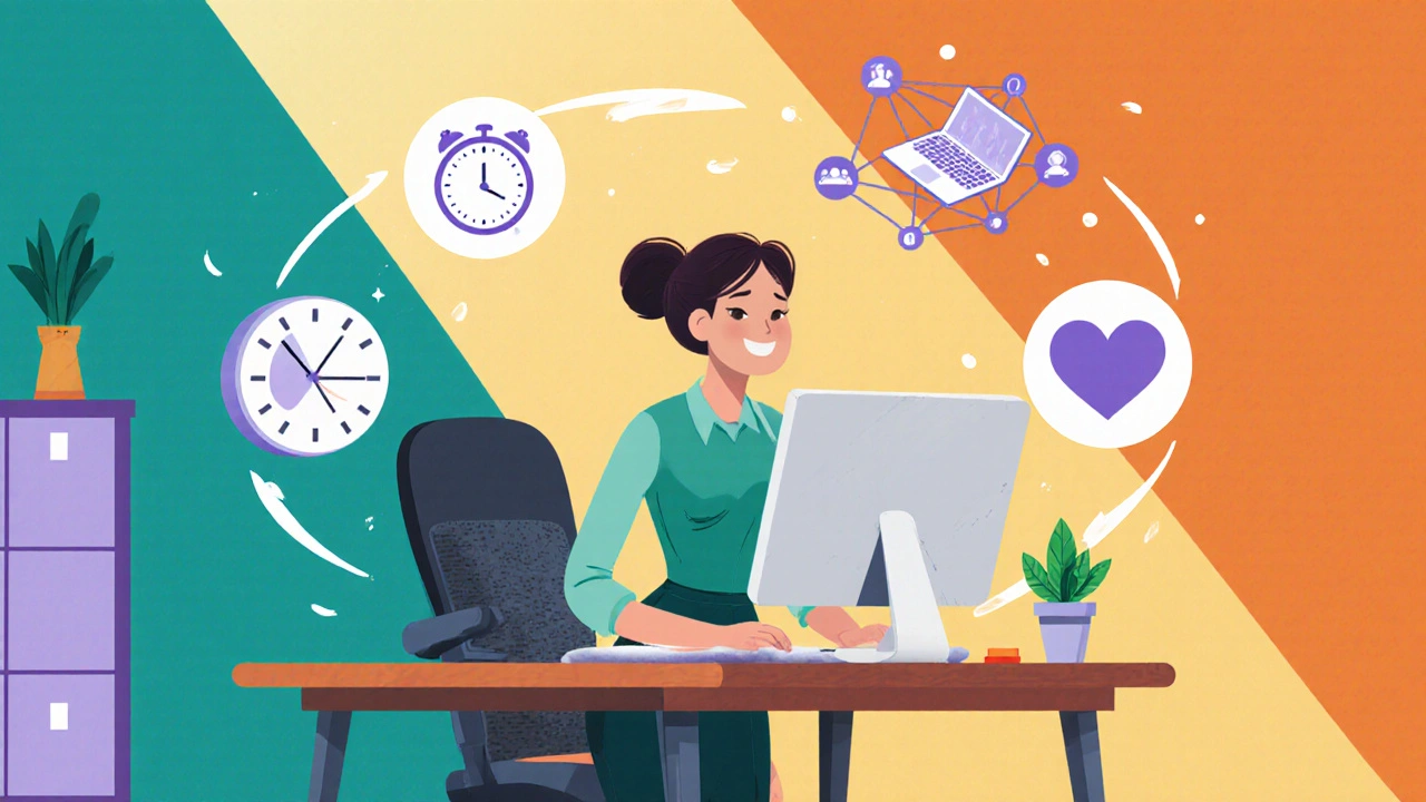 Home office where a worker uses a standing desk, heating pad, and sees floating icons of flexibility and support.
