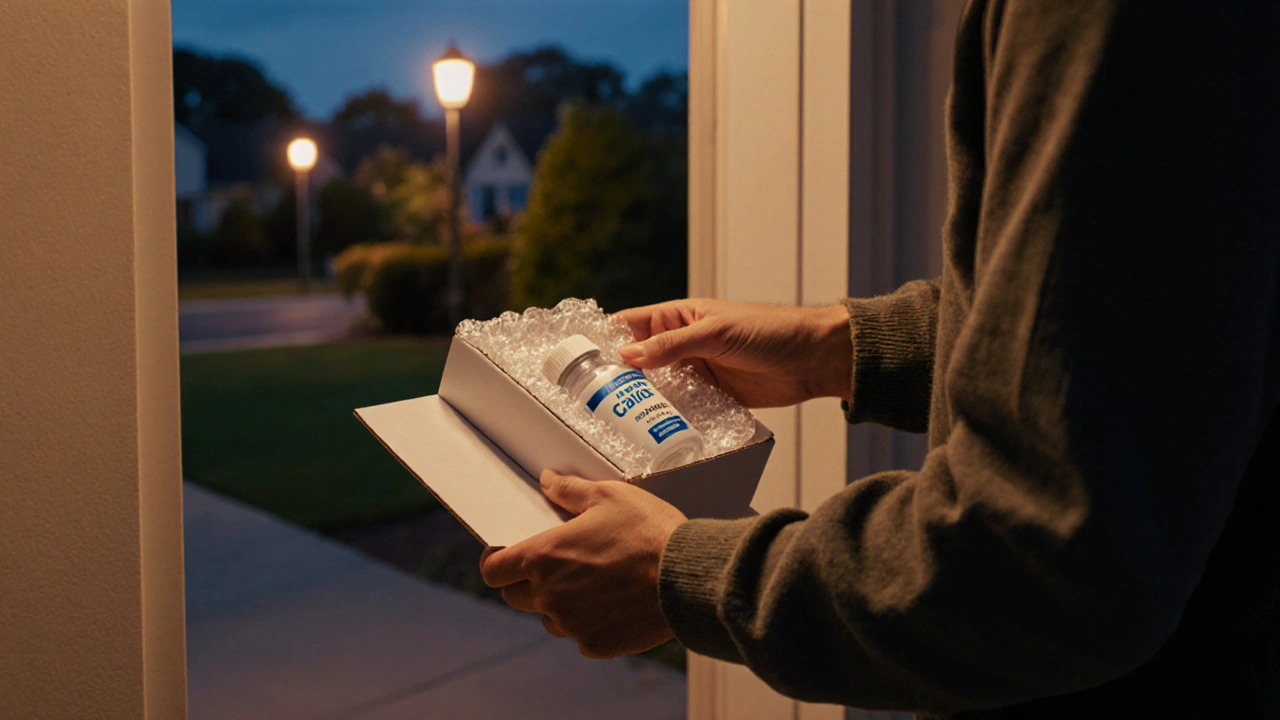 Man opening unmarked parcel revealing generic Cialis bottle at dusk.