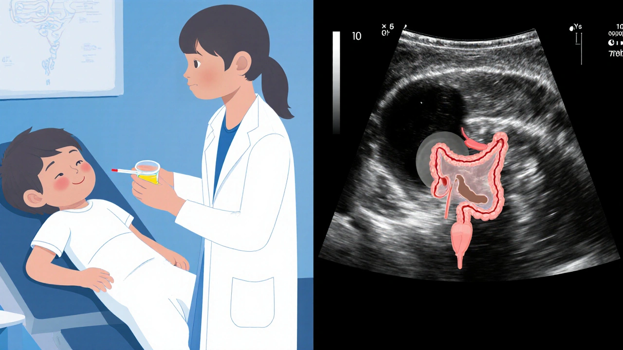 Medical illustration of a child with doctor holding urine test and ultrasound showing bladder and stool pressure.