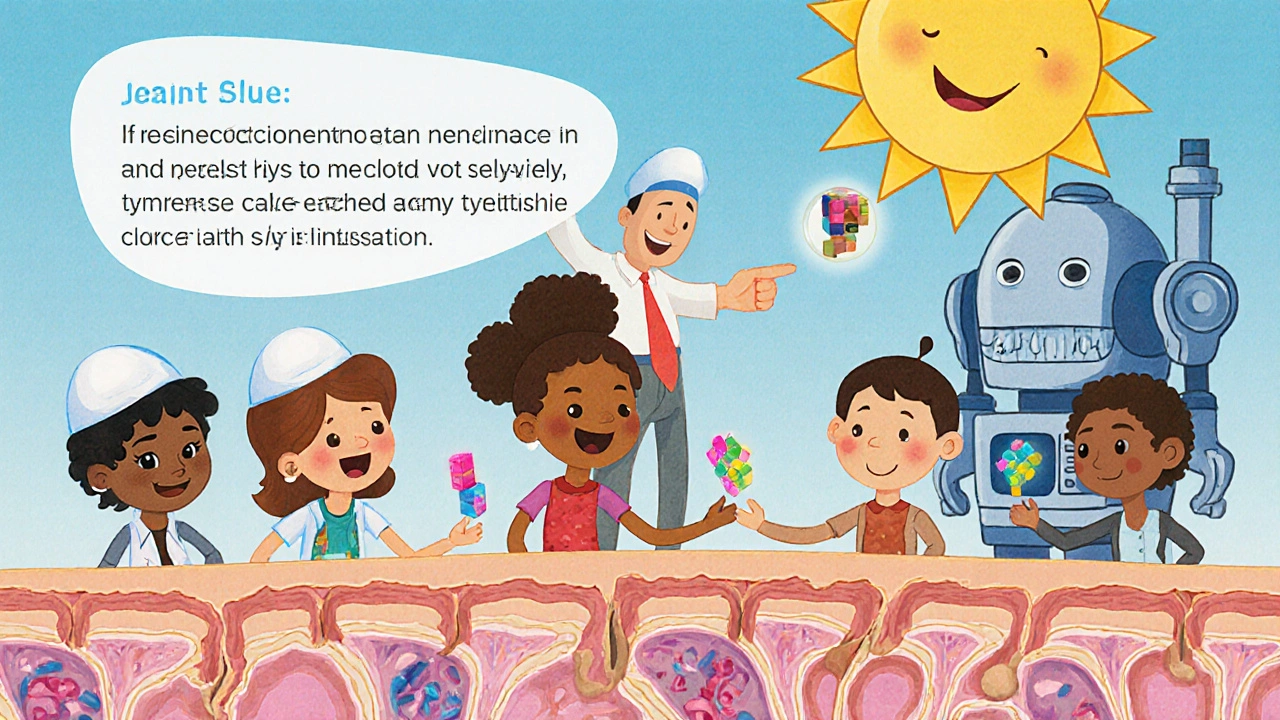 Melanocyte factory passing melanin beads to keratinocytes with a UV sun teacher.