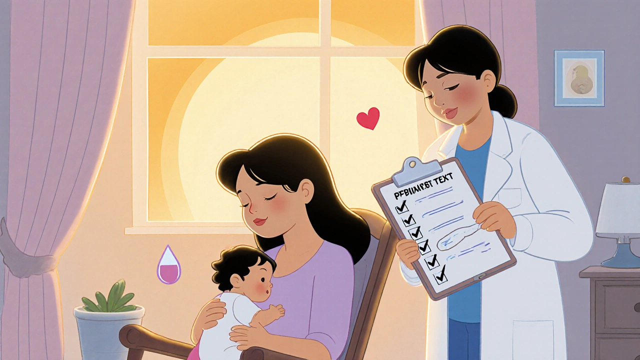 Mother nursing baby at home with doctor presenting a checklist.