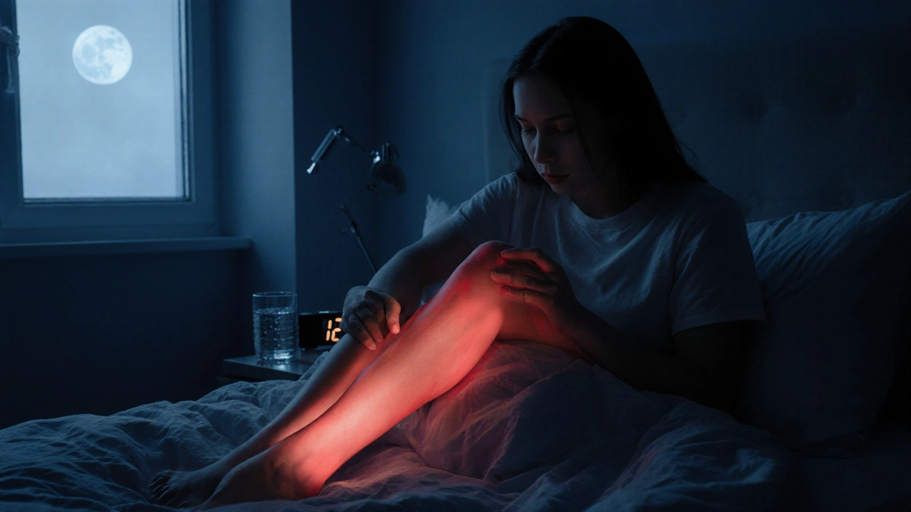 Nighttime bedroom scene showing a leg cramp illuminated by moonlight.