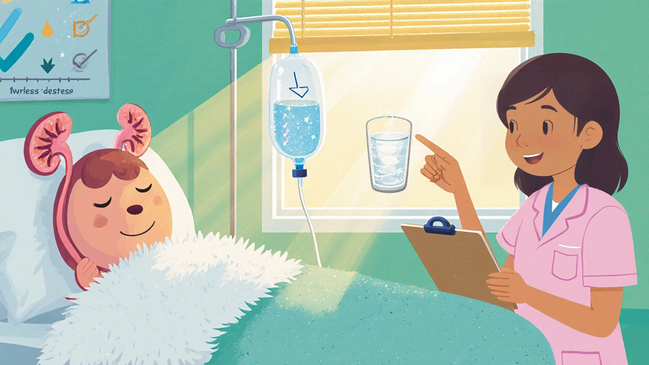 Nurse hydrating patient, smiling kidney recovering with bright sunlight.