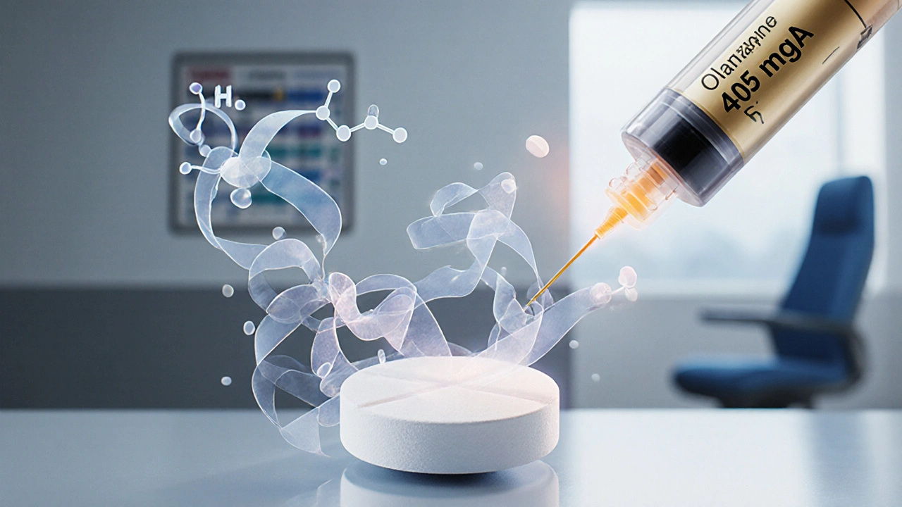 Olanzapine tablet dissolving into receptor-like structures with a syringe for injectable form.