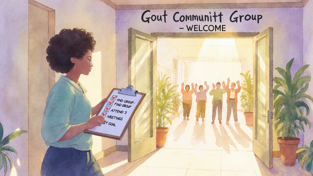Participant enters a community center for a gout support group, holding a checklist and feeling hopeful.