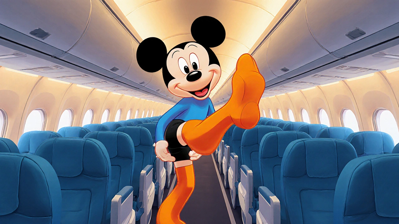 Passenger doing calf pumps on a flight while wearing compression stockings.
