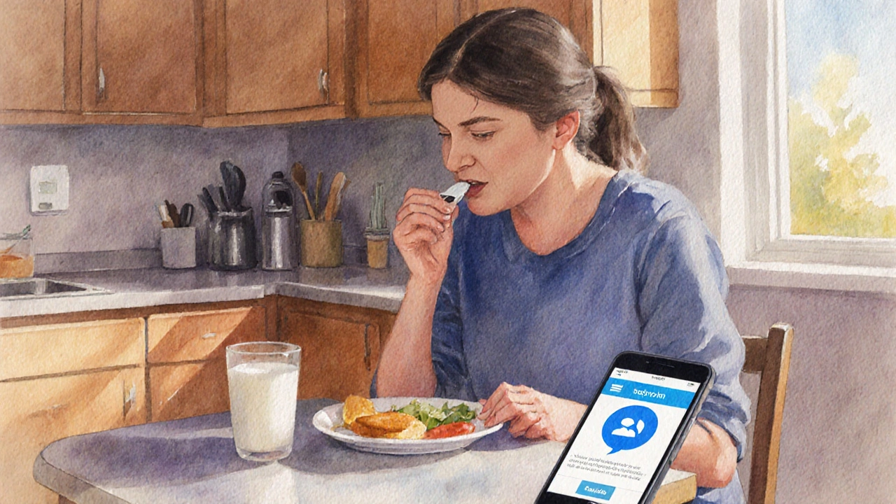 Person taking ibuprofen tablet with milk and food, holding phone for support.