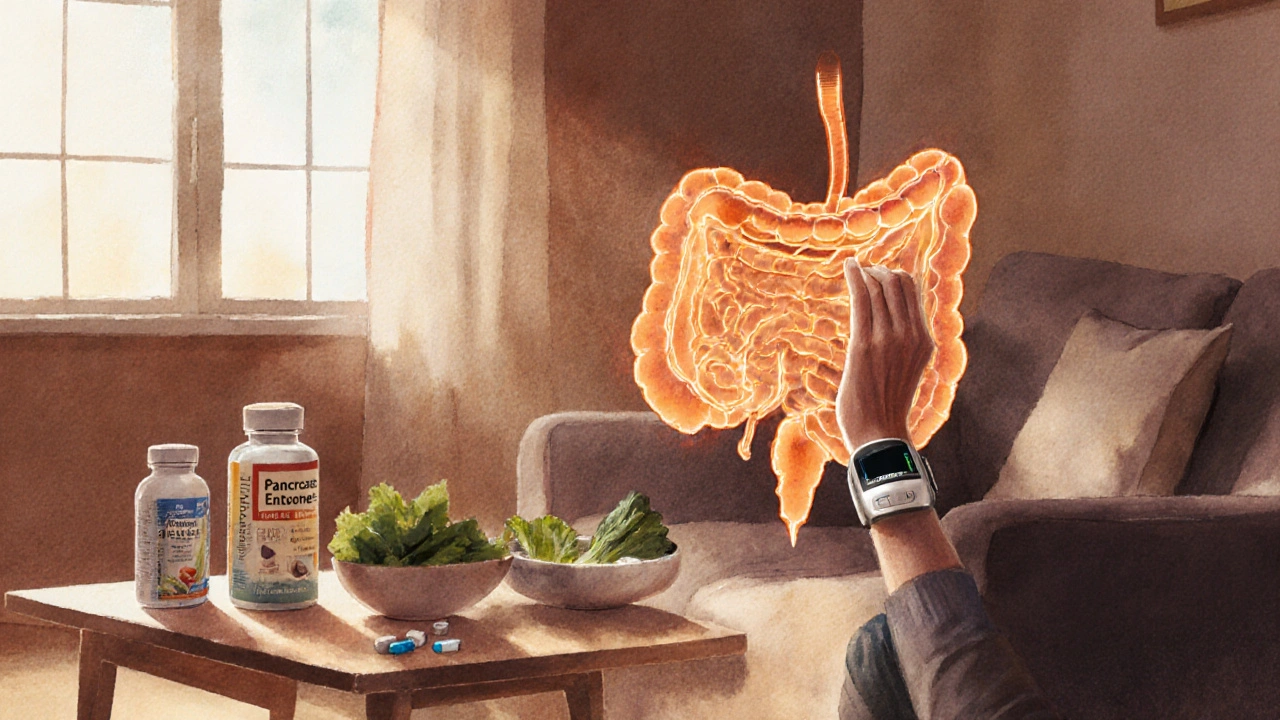 Person wearing CGM, surrounded by probiotics, enzymes, and low‑FODMAP foods.