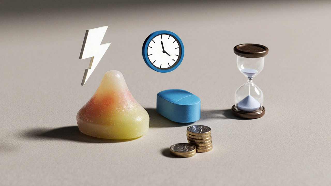 Three ED pills with icons for fast onset, long duration, and cost on a neutral background.