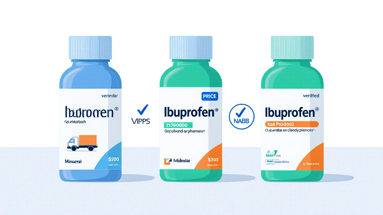 Three ibuprofen bottles with price and shipping icons displayed side by side.