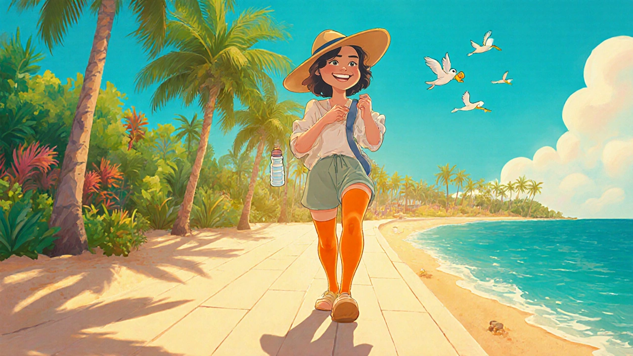 Traveler walking outdoors after a trip, checking leg health.