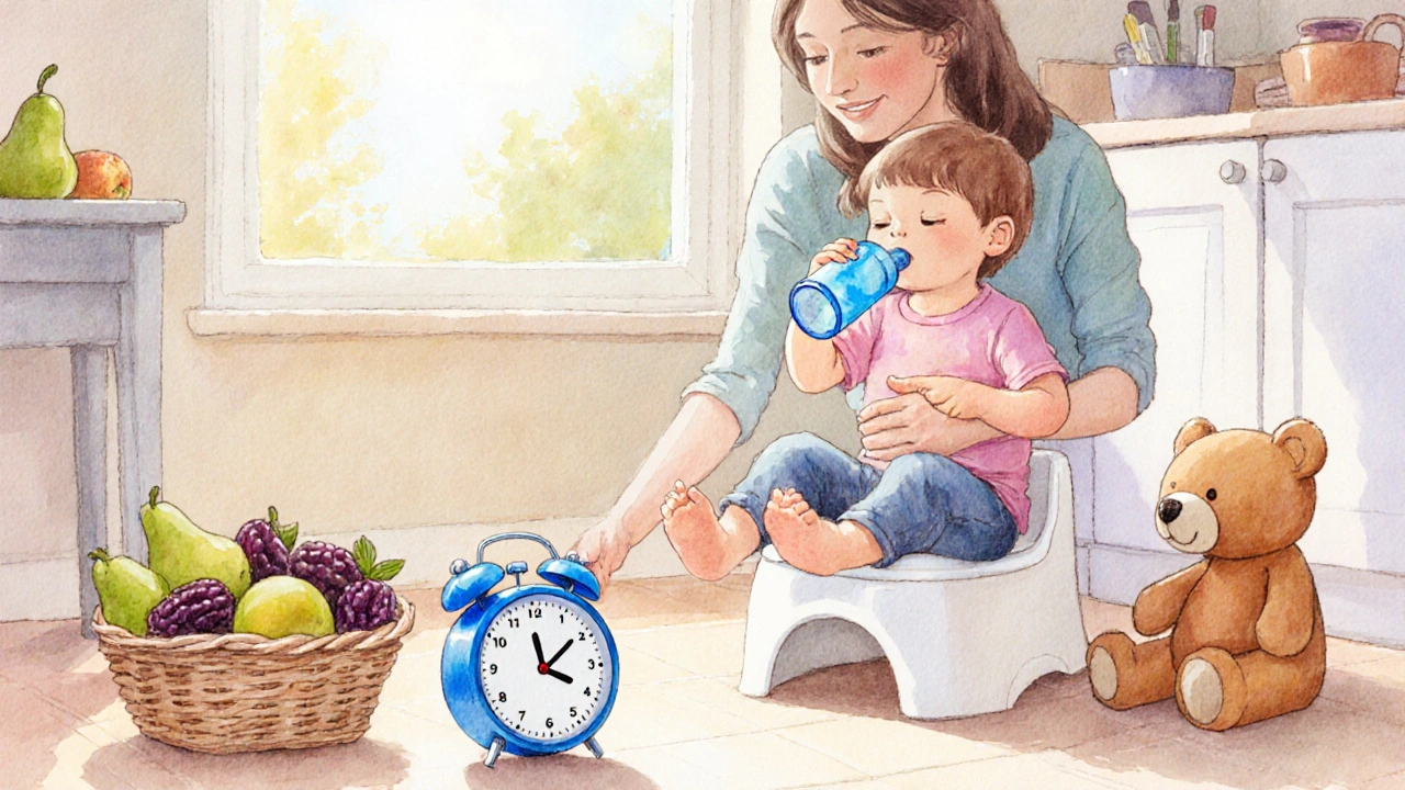 Watercolor of a child drinking water at a potty with footstool, timer, and fruit basket nearby.