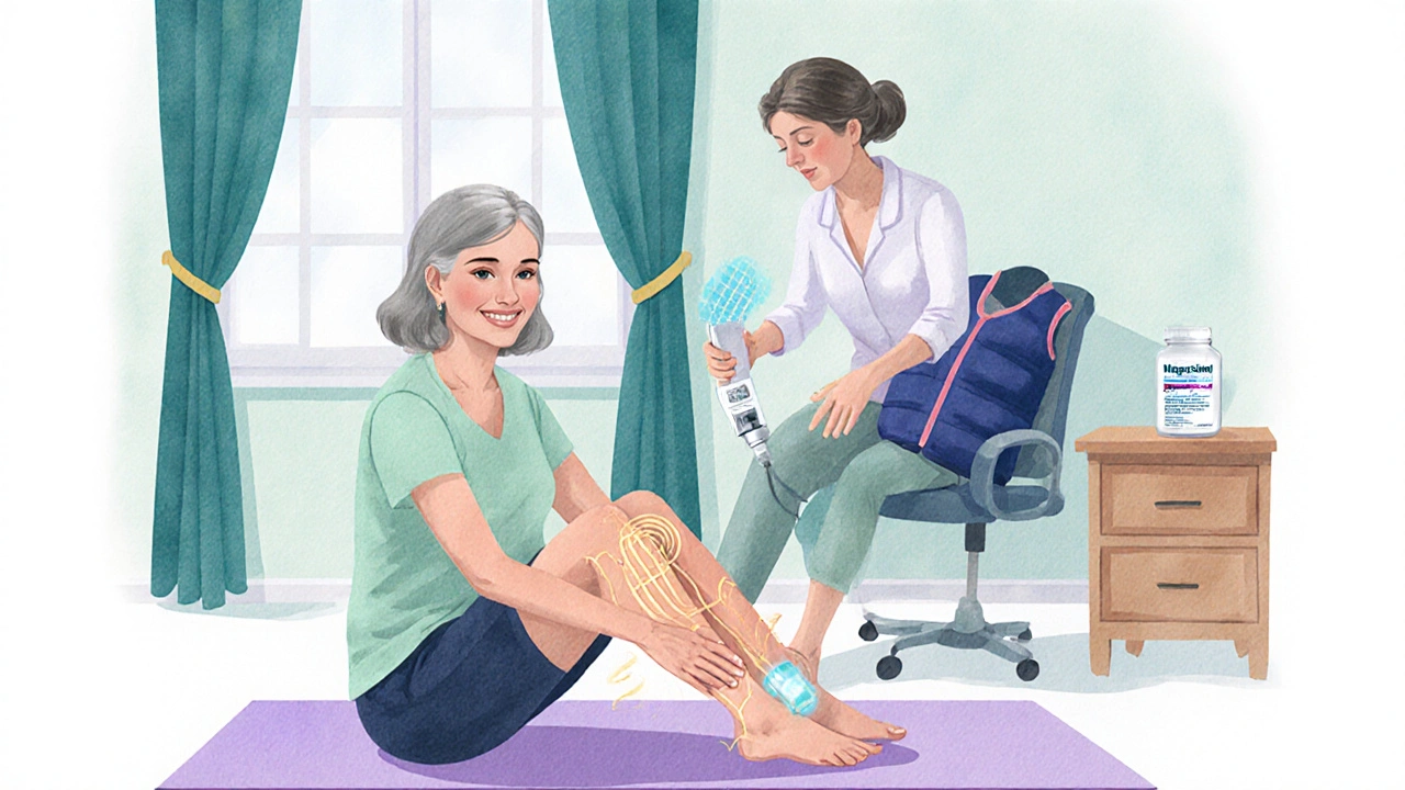 Watercolor of a woman stretching, therapist using electrical stimulation, cooling vest and supplements.