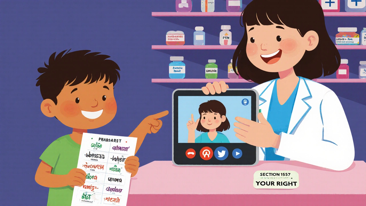 A child and pharmacist using a video interpreter to understand medication instructions with multilingual labels in the background.