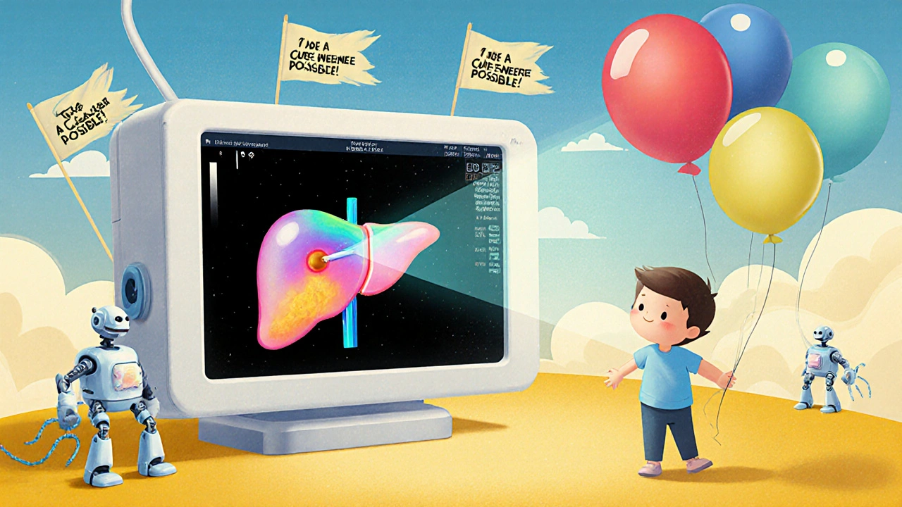 A child beside a giant ultrasound machine showing a small tumor being treated by friendly robot doctors, with a glowing liver and hopeful colors.