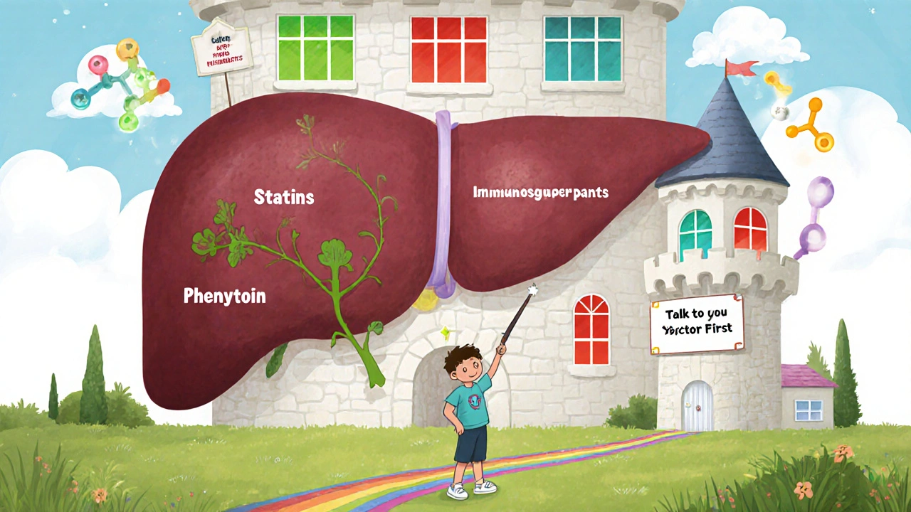 A child holds milk thistle as a wand in front of a liver castle with warning and safe windows.