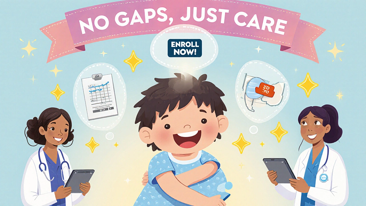 A child hugs a doctor as floating icons show job loss and automatic enrollment with no paperwork needed.