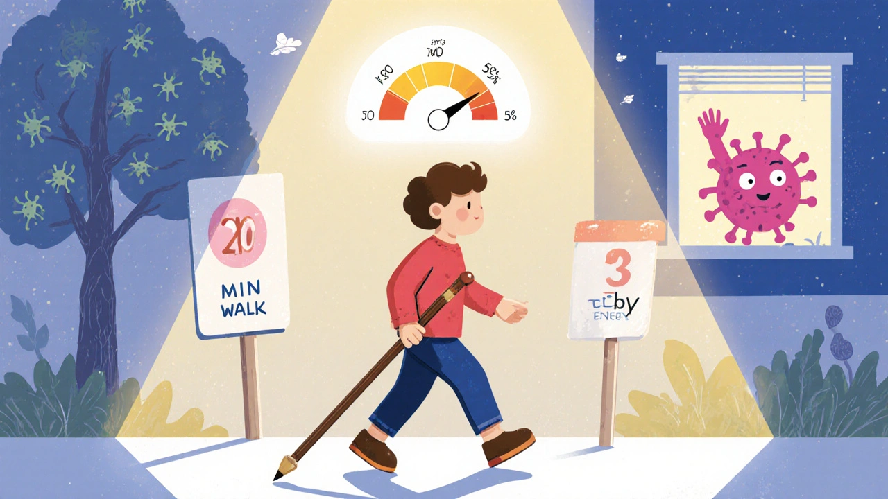 A child paces between rest and activity signs, with an energy meter rising under gentle light.