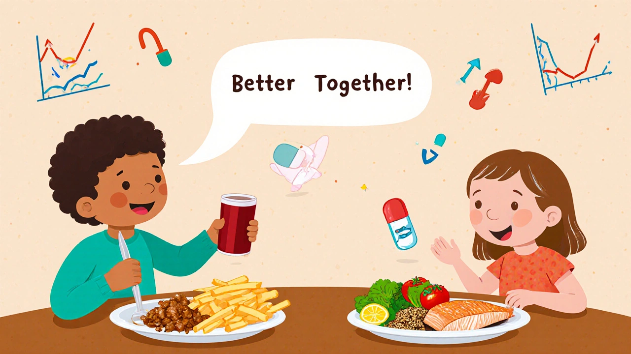 A child swapping unhealthy fries and soda for a colorful plate of fish and vegetables with a glowing linagliptin pill nearby.