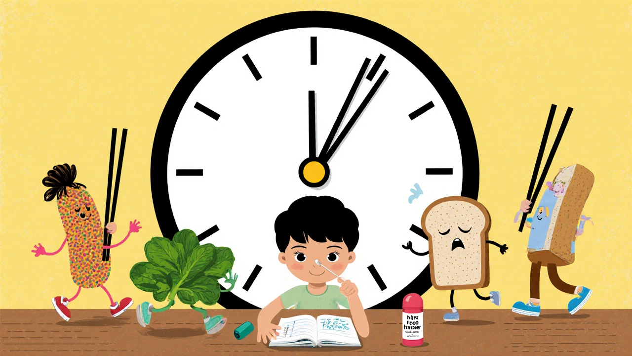 A clock with chopstick hands showing meal times as happy healthy foods march in rhythm beside a food tracker notebook.