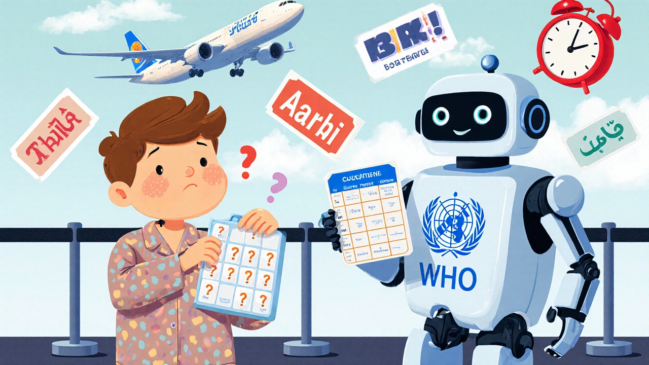 A confused traveler at customs receives a UTC schedule chart from a friendly robot, while multilingual labels float in the air.