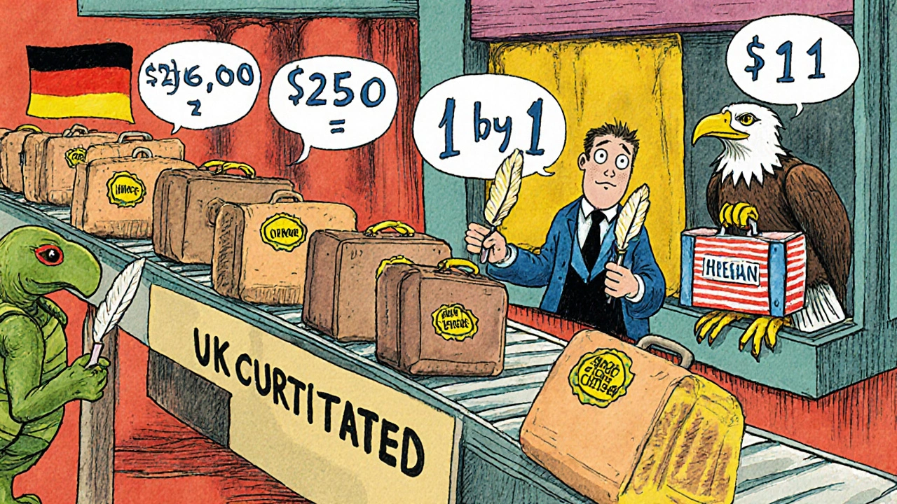 A conveyor belt in a UK court stamps debt suitcases with &#039;SUBSTITUTED&#039; while a German turtle and American eagle watch with single cases.