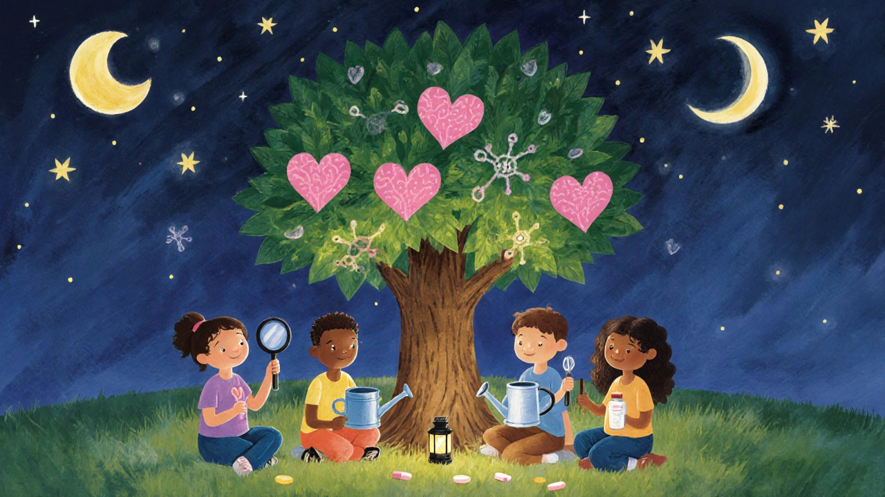 A diverse group sits under a tree with tools for healing, glowing heart-and-neuron leaves above them at night.