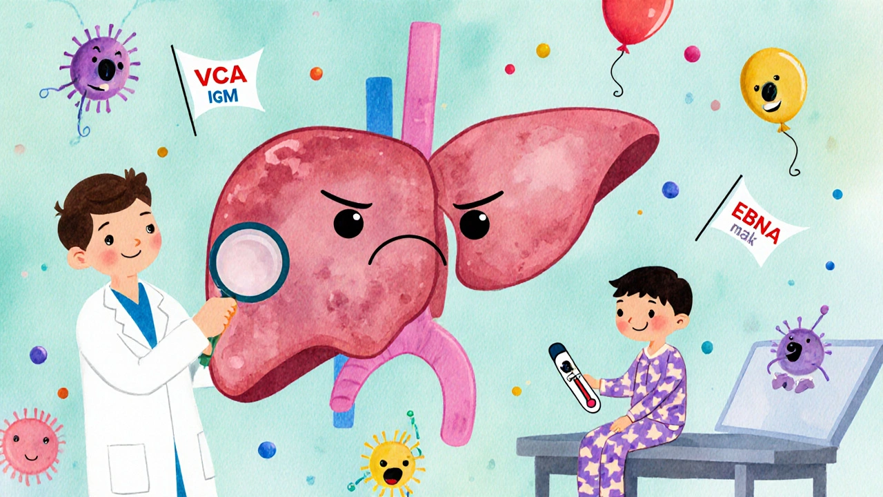 A doctor examines a smiling spleen with labeled cells, while a boy sits on an exam table.