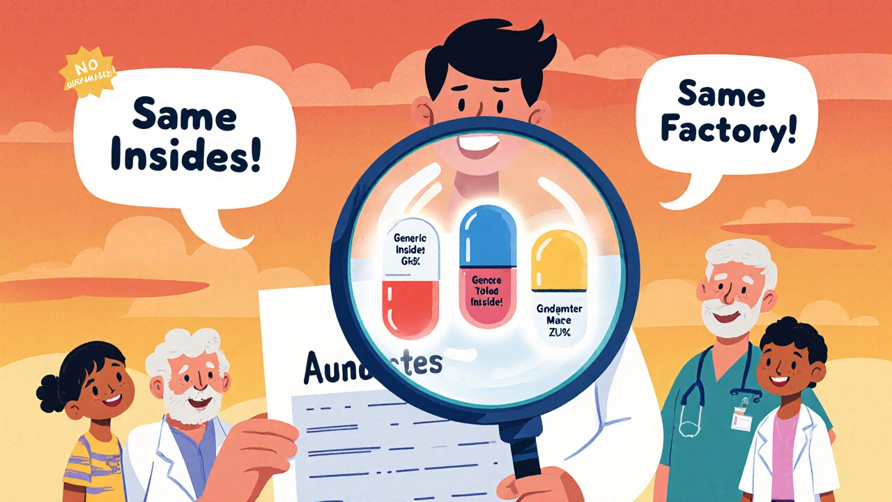 A doctor showing three identical pills under a magnifying glass, with patients and a pharmacist smiling around them.