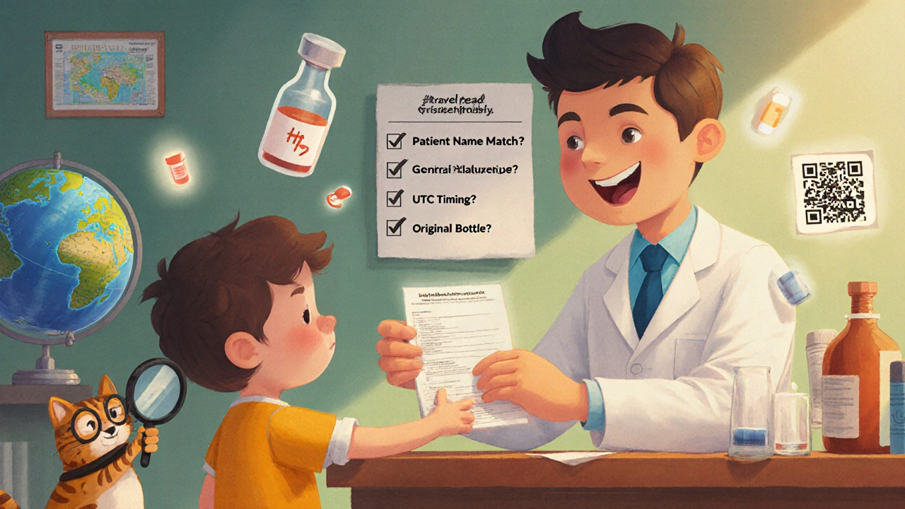 A pharmacist gives a travel-ready prescription to a child traveler, with icons of meds and a glowing QR code on the wall.